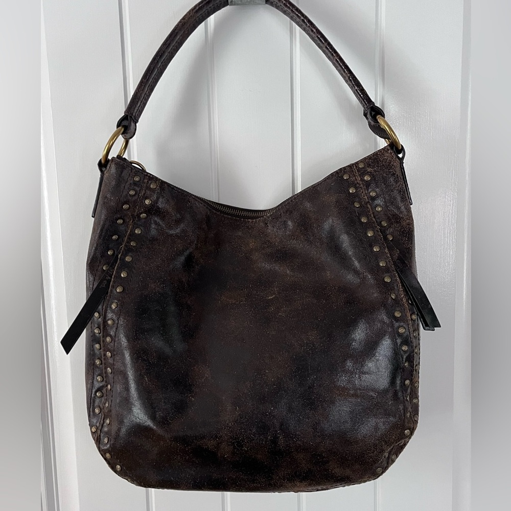Frye Melissa Hobo Distressed Leather Studded Brown Shoulder Bag